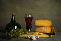 still life cheese, grapes and wine
