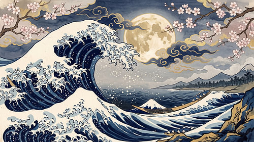 Vagues au clair de lune sous les fleurs de cerisier
