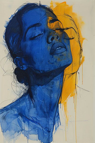 Abstract portretten in blauw en geel van Art & Soul Creations