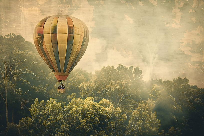 Hot air balloon hovers over forest landscape by Art & Soul Creations
