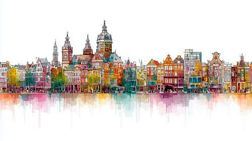 Skyline van Amsterdam in heldere aquarellen