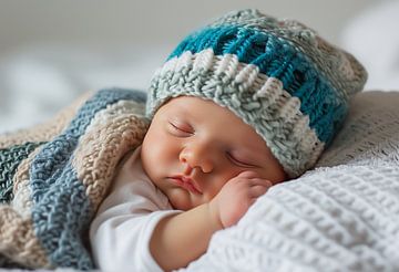 Garçon nouveau-né dormant dans les premiers jours de sa vie avec un bonnet tricoté sur Animaflora PicsStock