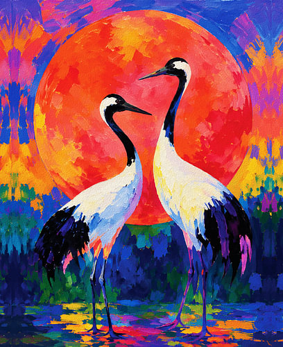 Cranes at Sunset – Fauvist Wildlife Painting
