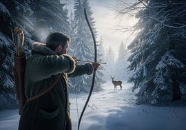 Man with Bow and Arrow Aiming at Deer in Snowy Forest by Markus Gann