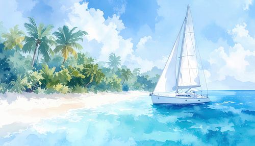 Zeilboot in het zachte blauw van de oceaan - De rustige aankomst aan de kust in het Caribische paradijs