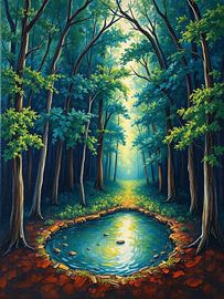 Un étang vibrant et scintillant baigné d'une lumière mystique