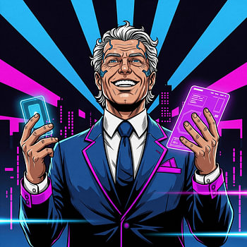 Cadre futuriste souriant, tenant des appareils numériques