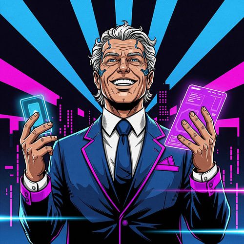 Futuristische Führungskraft, lächelnd, mit digitalen Geräten in der Hand