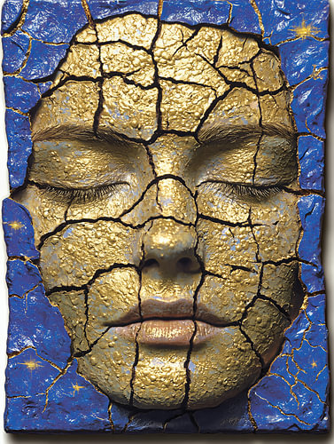 Golden Crackle – Surrealist Portrait of a Woman with Antique Gold and a Cracked Plaster Effect
