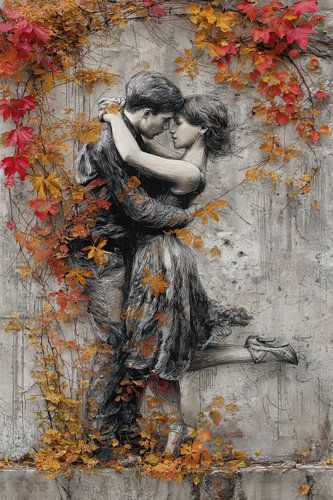 Liefde in de Herfst - Dromerig Street Art Schilderij