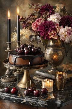 Chocolate cake with cherries and flowers - elegant romantic still life by Joriali photography and paintings