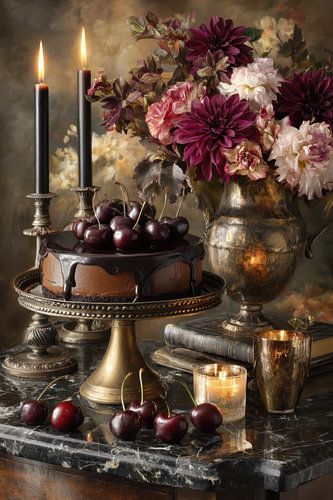 Chocoladetaart met kersen en bloemen - elegant romantisch stilleven