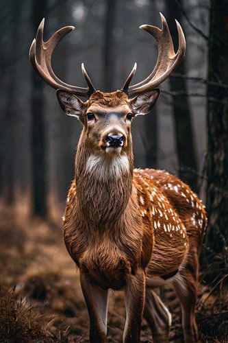 Hert in mistig bos met zonnestralen