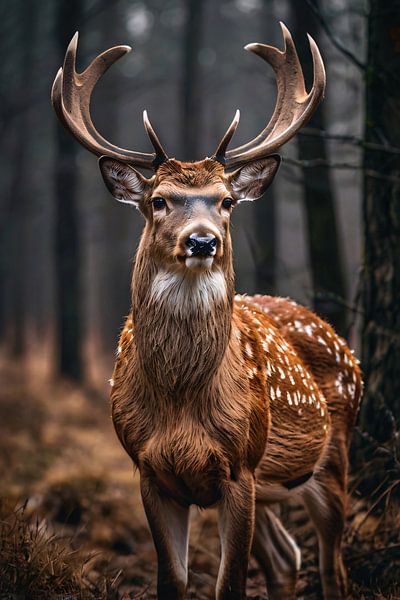 Deer in misty forest with sunbeams by Art & Soul Creations