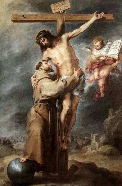 Bolome Esteban Murillo,Heilige Franciscus omhelst Christus, 1669 van finemasterpiece
