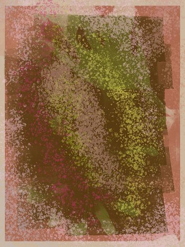 Olijfgroene, roze, taupe en bruine abstracte vormen.