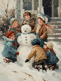 Children building snowman by IamHomeStudio