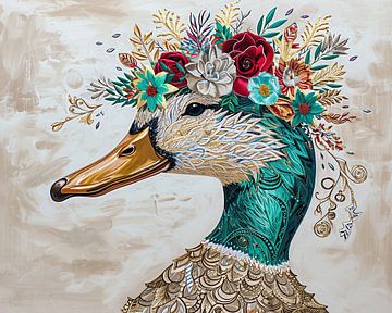 Buntes Porträt | Ente mit Blumenkrone von Wunderbare Kunst