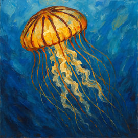 Gelbe Kompassqualle im Meer (AI) (Quallen, lange Tentakel, Schnorcheln, Tauchen, orange, Meerestier)