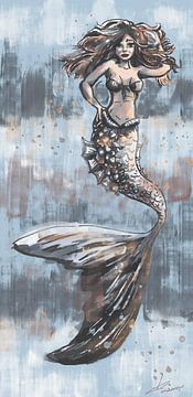 Mermaid painting with dark blue rust brown and grey blue tones by Emiel de Lange