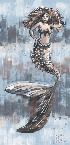 Zeemeermin schilderij met donkerblauw roestbruin en grijs blauwe tinten