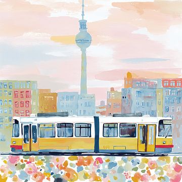 Watercolour illustration of Berlin featuring the TV Tower and a tram