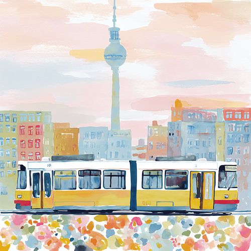 Watercolour illustration of Berlin featuring the TV Tower and a tram