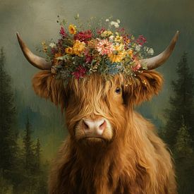 Dreamy portrait of a Scottish highlander with flower crown in soft natural tones by But First Framing