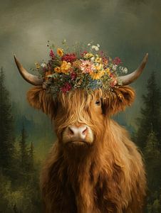Verträumtes Porträt eines schottischen Highlanders mit Blumenkrone in weichen Naturtönen