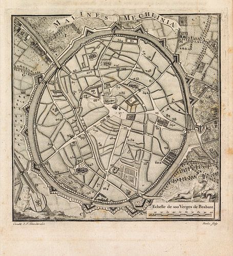 Old map of Mechelen from about 1775