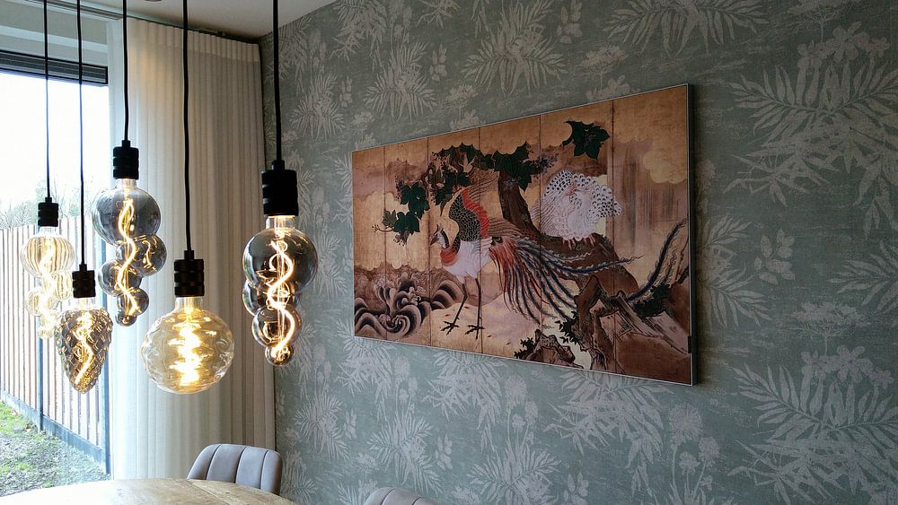 Paravent avec dessin de phénix chinois, école de Kano 