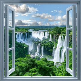 Waterfall landscape through the window by Poster Art Shop