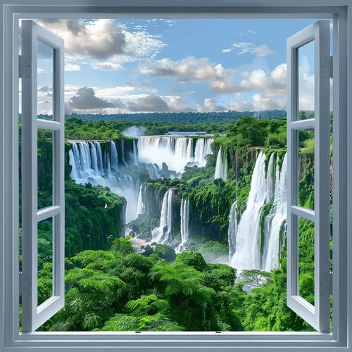 Waterval landschap door het raam