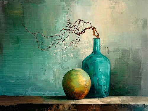 Zwei Vasen, ein Zweig - Minimalistisches Stillleben