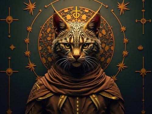 Priester van de oerwoudkat draagt bruin gewaad met gouden borduursel