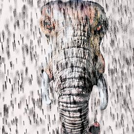 Olifantengezicht in de regen gemengde techniek van Werner Lehmann