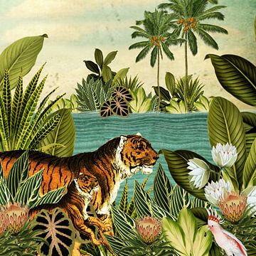 Jungle with tiger and tropical plants