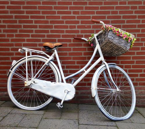 Altes weißes Fahrrad mit Blumenkorb