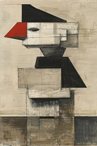 Kubistische Vogel in Zwart-Wit en Rood