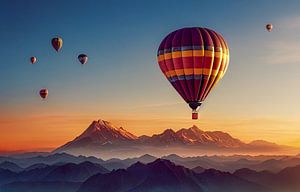 Hete luchtballon bij zonsondergang, Kunstillustratie van Animaflora PicsStock