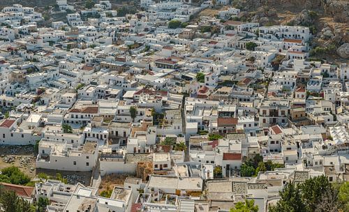 Wirwar van witte kubushuizen, Lindos, Rhodos, Rhodes, Griekenland