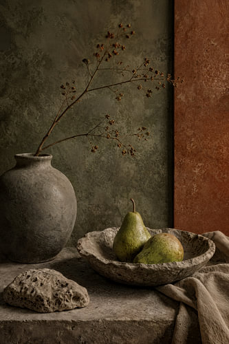 Mosgroen en Terracotta - Rustig Stilleven van Joriali Fine Art