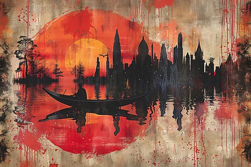 Roeiboot onder Rode Zonsondergang bij Stad