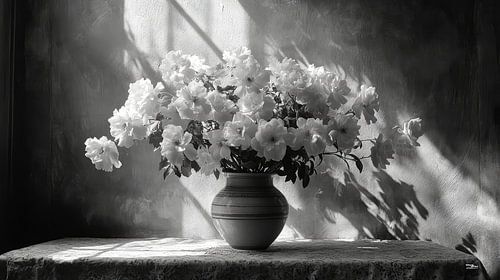 zwart wit stilleven van bloemen en fruit in een extreem dramatisch licht