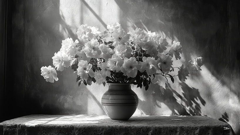 Black and white still life of flowers and fruit in extremely dramatic light by Gelissen Artworks