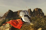 Sparta helm naast rode mantel liggend op rots van Besa Art thumbnail