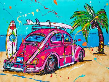 Volkswagen beetle on the beach by Happy Paintings