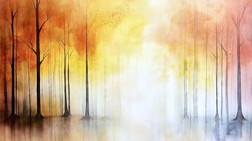 Nevelig herfstbos met reflecties
