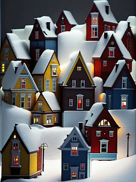 Miniatuur stad winter sneeuw nacht huizen ramen lichten van gm_designs