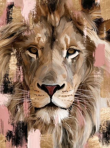 Portrait of a lion in shades of pink and gold